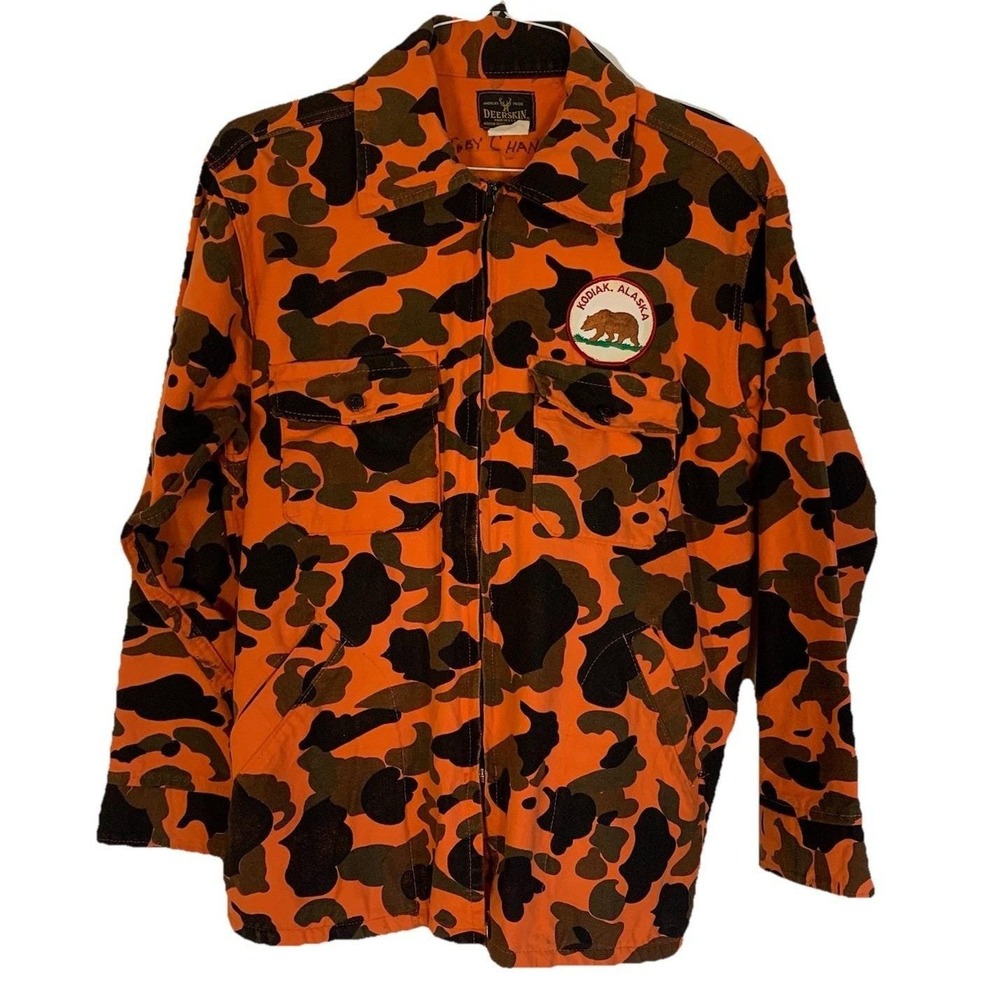 Vintage Deerskin Blaze Orange Camo Hunting Jacket Kodiak Alaska Patch Mens L USA